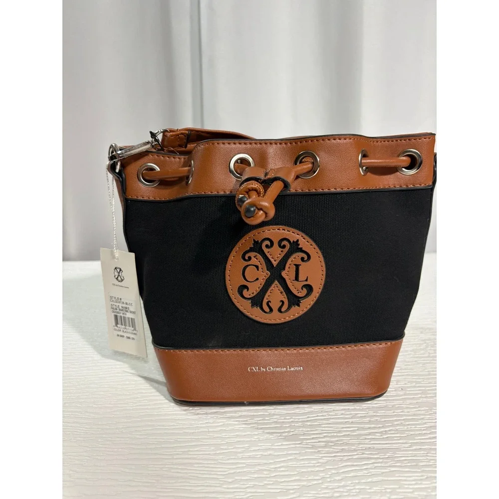 CXL Christian Lacroix Paulina Drawstring Bucket Crossbody Bag Black Cognac NEW